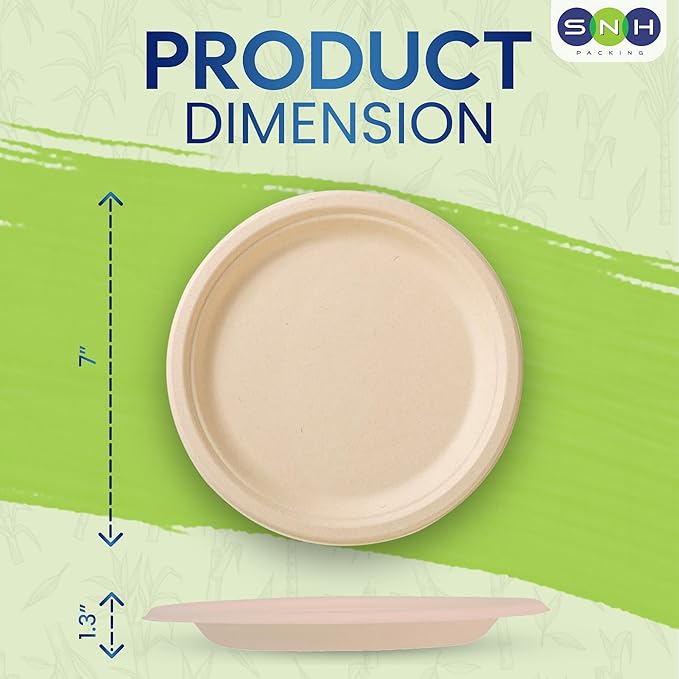 SNH Packing 100% Compostable Plates 7 Inch [125-Pack], Heavy Duty Dinner Paper Plates, Eco-Friendly Biodegradable Sugarcane Bagasse, Natural Brown Disposable Plates for Dessert, Party, BBQ & Picnic