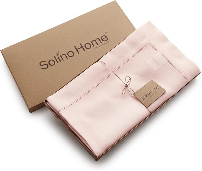 Solino Home Pink Linen Tablecloth 60 x 120 Inch - 100% Pure Linen Hemstitch Table Cloth for Rectangle Tables - Classic Hemstitch, Machine Washable Tablecloth for Valentines, Spring, Easter
