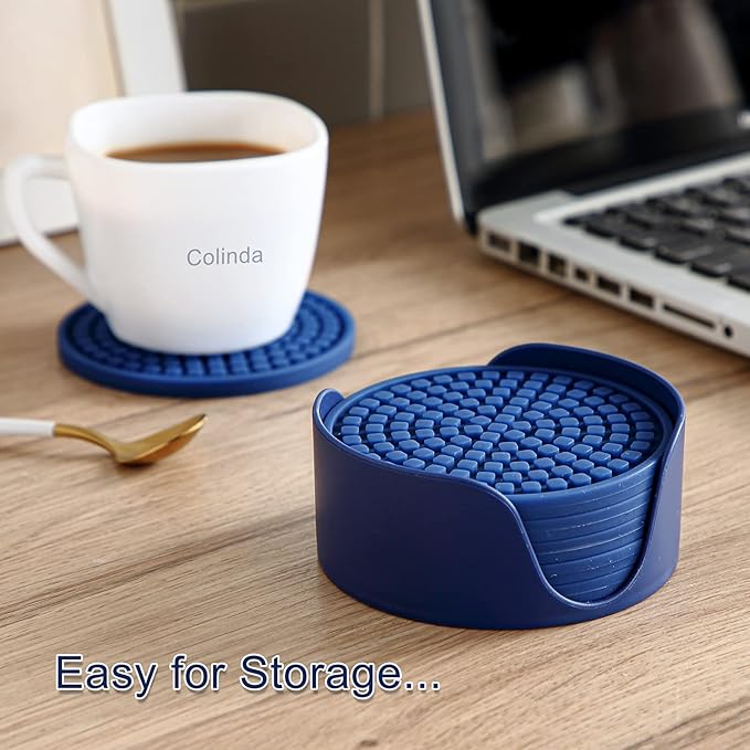 Colinda Silicone Drink Coasters with Holder, Set of 6, Outdoor Cup Mat for Hot or Cold Drinks, Thickened, Non-Slip,Non-Stick, Black