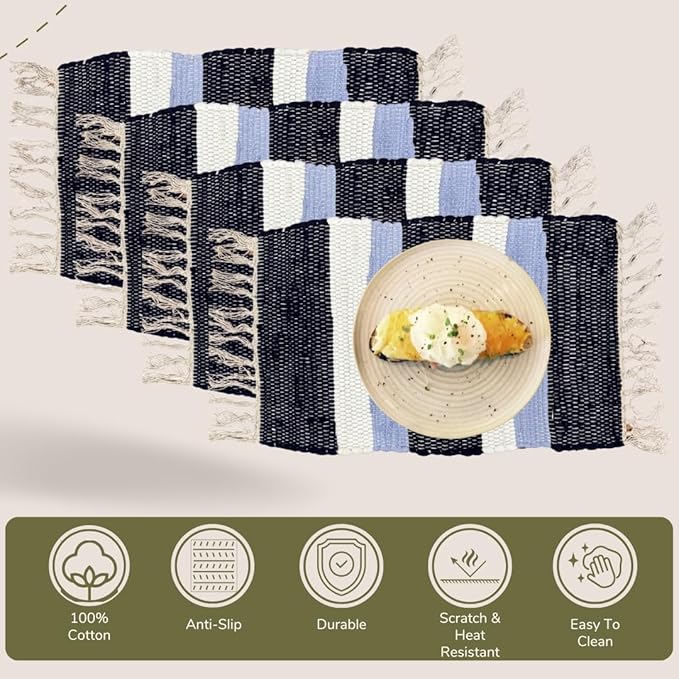 Perilla Home Placemat Set of 4 - Cotton Linen Blend Square Placemats - Farmhouse Rustic Woven Bohemian Machine Washable Table Mats with Tassels for Dining Table Decor (Dark Blue Sky Blue & White)