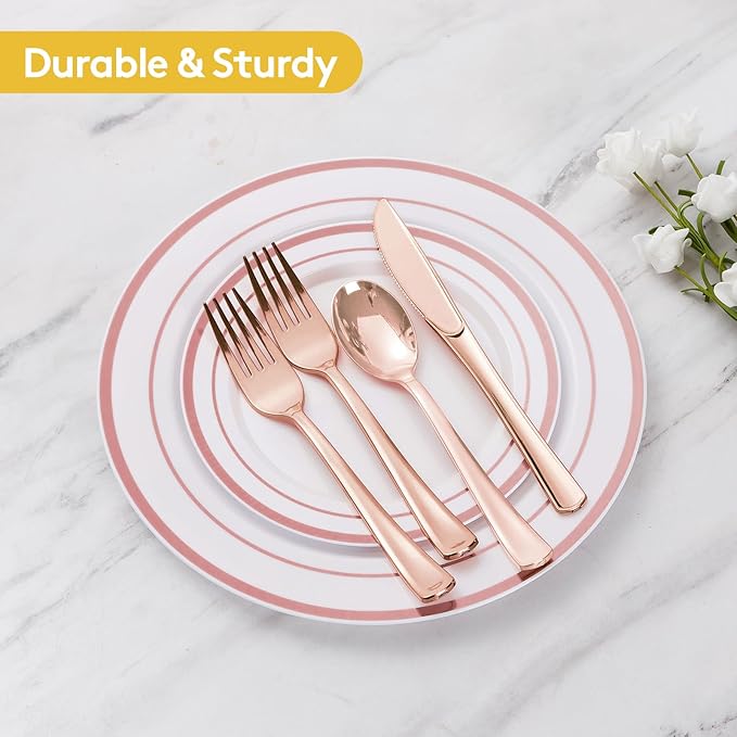 Goodluck 600 Pieces Rose Gold Disposable Plates for 100 Guests, Plastic Plates for Party, Wedding, Dinnerware Set of 100 Dinner Plate, 100 Salad Plates, 100 Spoons, 100 Forks, 100 Knives, 100 Cups