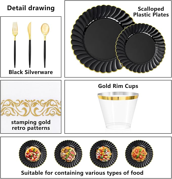Ciaell 175 PCS Black Scalloped Plastic Plates with Gold Trim - Black Plastic Silverware with Handle - Fancy High-End Dinnerware Sets for Wedding & Party