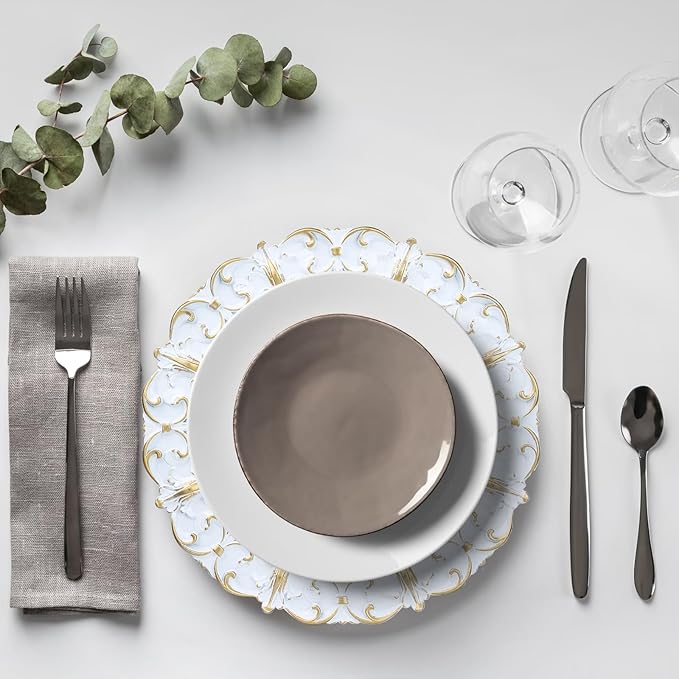 White Charger Plates Set of 6, Decorative Table Plastic Chargers for Dinner Plates, Party, Wedding, Thanksgiving, Christmas, 11W