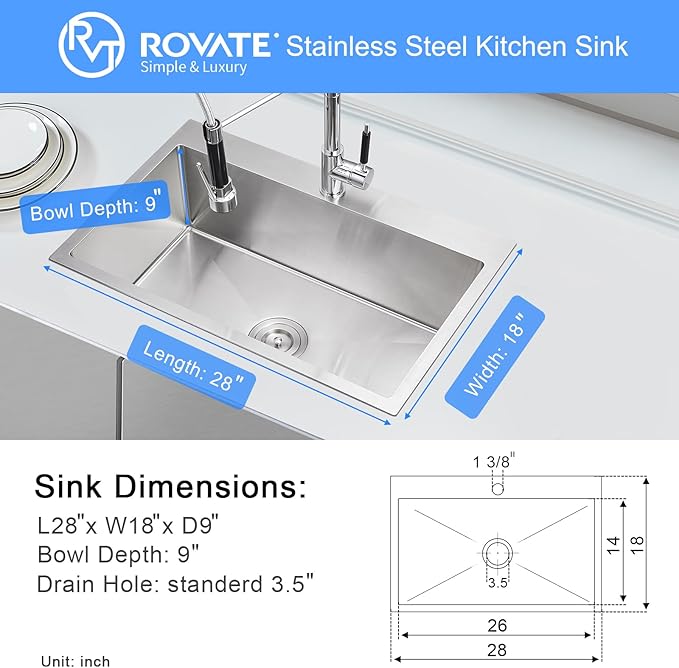 ROVATE 28 ×18 Inch Drop-in Kitchen Sink 304 Stainless Steel Single Bowl, Handmade 18 Gauge 9 Inches Deep Kitchen Sink Topmount with Basket Strainer
