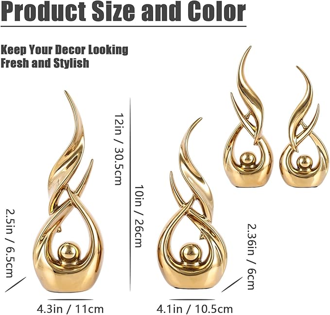 XMGZQ Gold Ceramic Abstract 2 Piece Statue Set,Mid Century Modern Abstract Art Home Decor Statue Mantelpiece on Unique Shelf Decor, TV Cabinet Divider Table top and Dining Table Centerpiece (Gold)