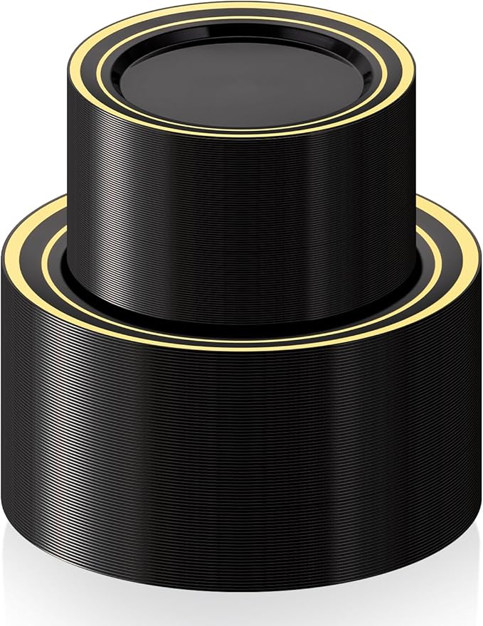 BESTSTAR 200PCS Black Plastic Plates Set with Gold Rim, 100 10.25 inch Dinner Plates and 100 7.5 inch Dessert Plates, Premium Disposable Plates forfor Party, Wedding, Holiday,And Halloween