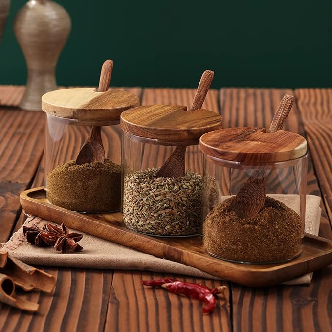 3 Pack 250ml / 8.5oz Clear Glass Spice Jar with Acacia Wooden Lid and Spoon, Classic Style, Kitchen Storage Container, 3.2 inches (diameter) x 3.5 inches (height)