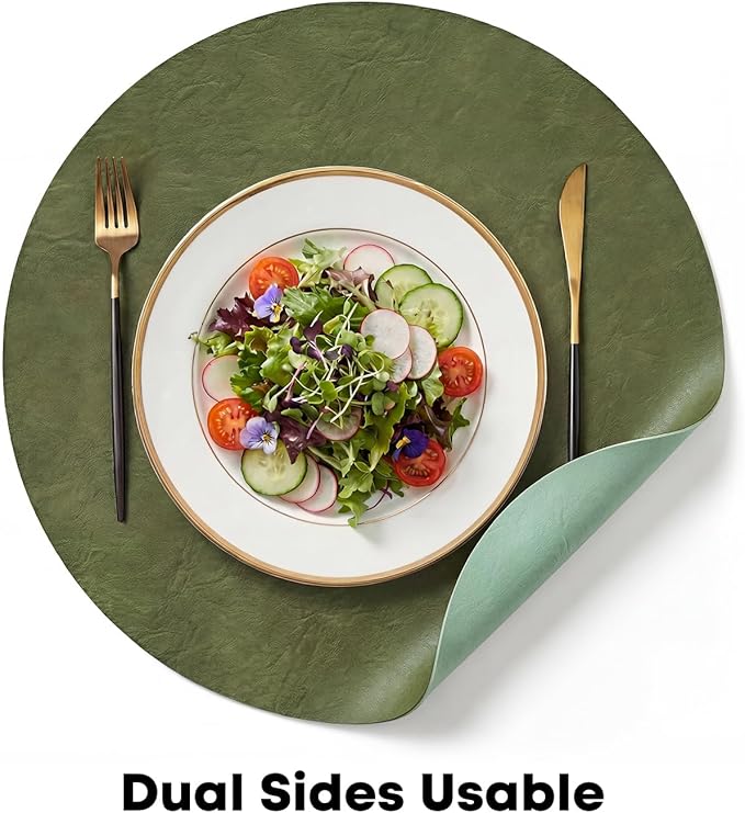 Artoid Mode Olive Green Faux Leather Placemats Set of 4, 15 Inch Waterproof Wipeable Heat Resistant Vinyl Place Mats, Reversible Table Mats for Kitchen Dining Decor
