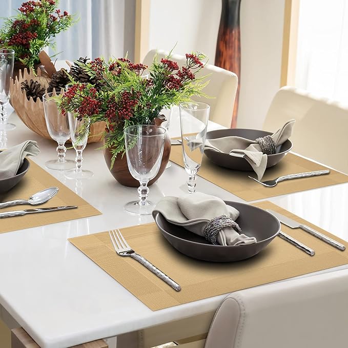 Winknowl Placemats Set of 4, Washable Vinyl Woven Placemats, Heat Resistant & Wipeable Table Mats for Kitchen Dining Table (Golden)