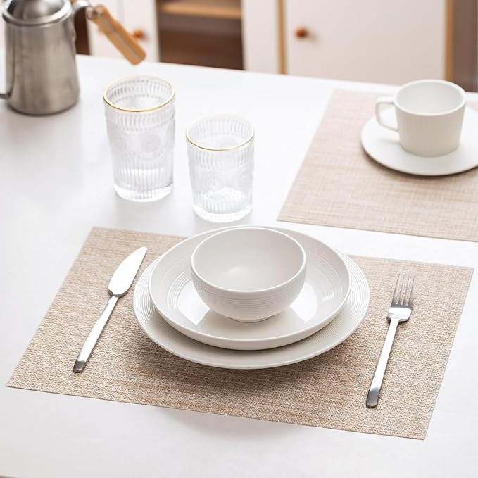 LEXMORE Placemats Set of 12 Vinyl/Plastic Woven Place Mats for Kitchen Table Indoor/Outdoor Washable Placemat Wipeable Dining Table Mats(A-Beige)
