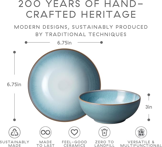 Denby - Azure Haze Coupe Cereal Bowls Set of 6-820ml, 6.75in - Dishwasher Microwave Safe - Blue Teal Reactive Glaze Ceramic Stoneware Soup Bowls Tableware - Scratch Chip Resistant