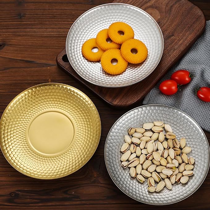 Sosoport Vintage Stainless Steel Fruit Serving Tray round Textured Dinner Plate Outdoor Camping Snack Platter Sturdy Gold Fruit Plates for Picnic and Party Use