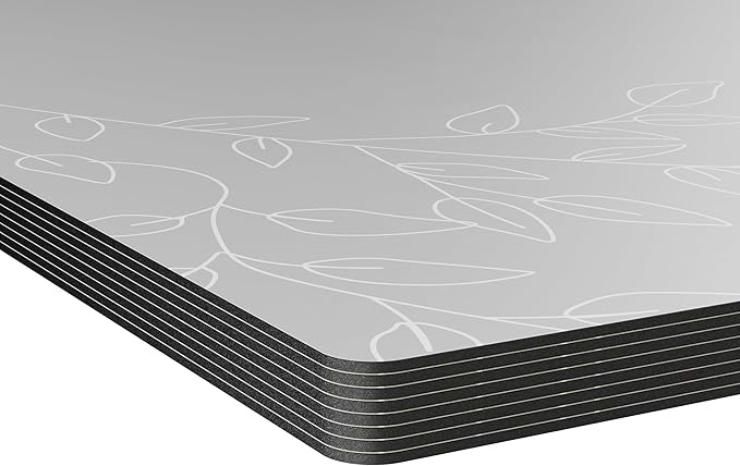 Royalty Art Silver Grey Boho Placemats, 4 Pc. Set, Non-Slip Cork Backed, Wipeable Heat Resistant Surface for Kitchen and Dining Table Protection, Cute Floral Pattern for Farmhouse or Rustic Decor