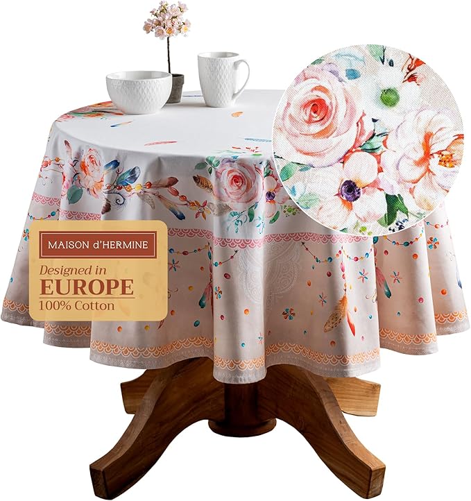 Maison d' Hermine Table Cloth Round Table 100% Cotton 63 Round Inches Tablecloth Reusable Decorative for Dining Room Farmhouse Home Valentines Day Decorations Spring Summer - Ibiza - Beige