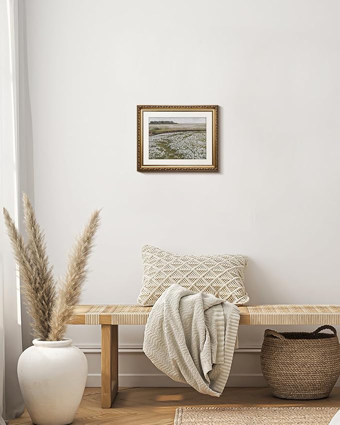 InSimSea Retro Gold Framed Wall Art, Home Room White Flowers Grassland Vintage Wall Decor, Canvas Print Artwork, Farmhouse Country Decor, Antique Picture Frame Floral Paintings, 13x16 Inch