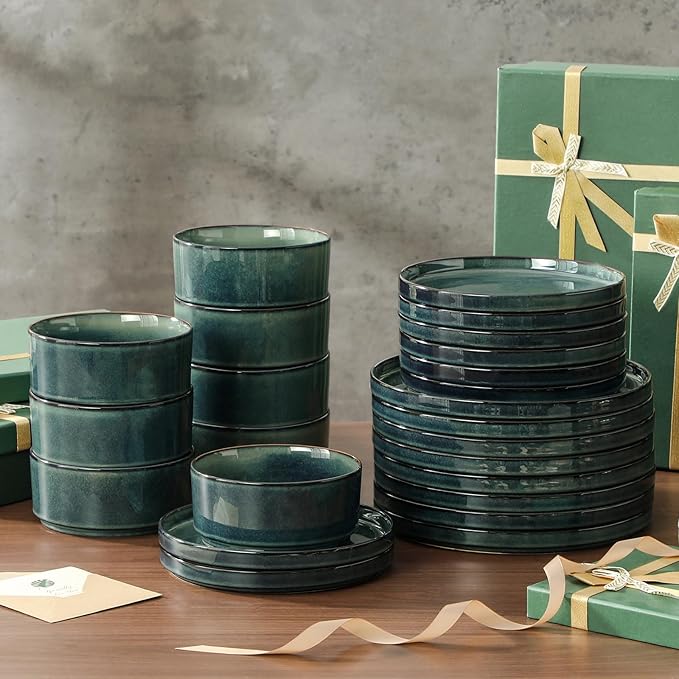 vancasso Starry Plates and Bowls Sets for 8, 24 Pieces Green Dinnerware Sets for Kitchen, Modern Stoneware Dishes Set, Dishwasher and Microwave Safe