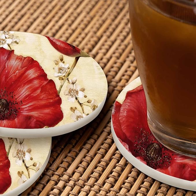 Red Poppy Drink Coaster for Tabletop Protection Beautiful Watercolor Floral Blossom Vintage Style Non-Slip Cups Place Mats Home Decor Diatomite Material for Men Women