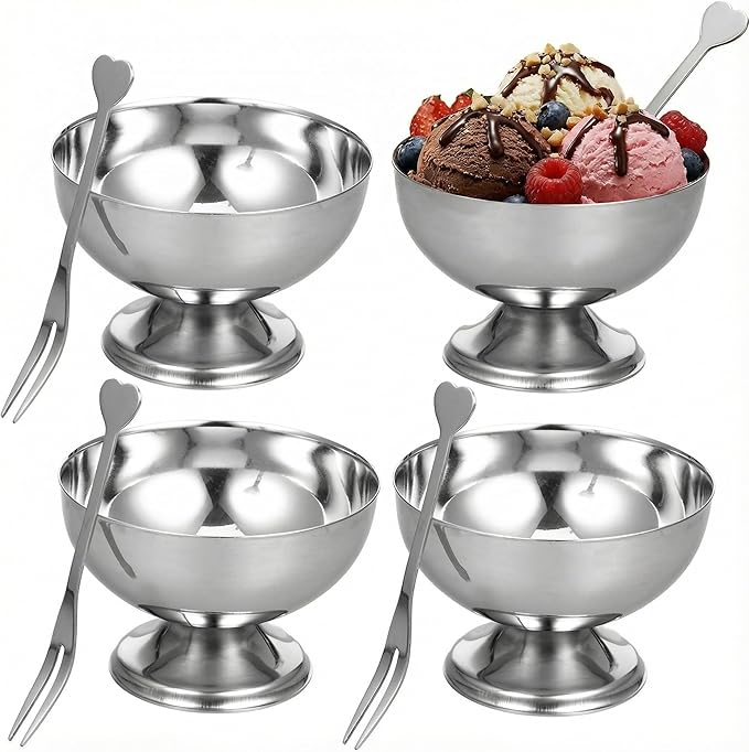 4 Pcs Stainless Steel Ice Cream Bowls Footed Dessert Cups for Sundae Parfait Yogurt Pudding Cake Salad Fruit Snacks Home Kitchen Use