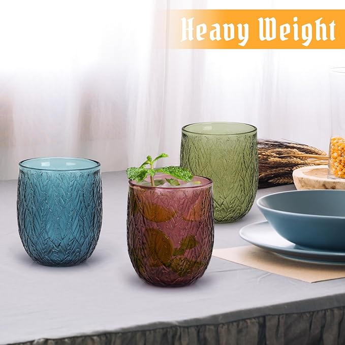 Topsky Vintage Colored Glassware Set of 6,12 oz Green Willow Leaf Drinking Glasses Set,Blue Drinkware Glasses for Wine,Cocktail,juice,Heavy Duty Glass Cups