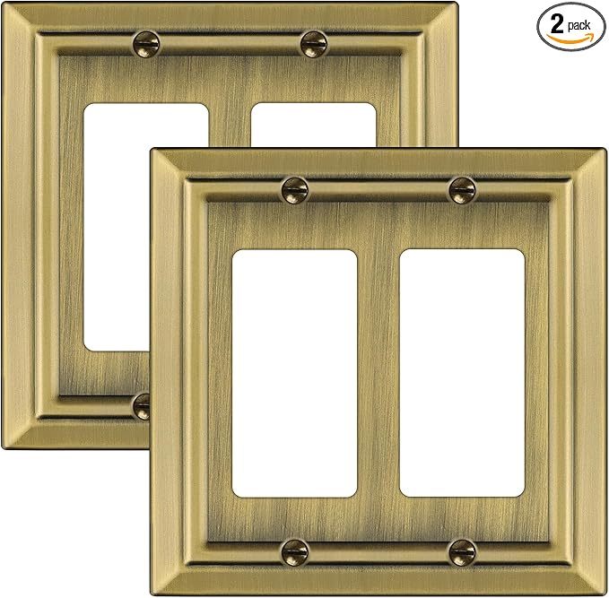 Metal Wall Plate for Electrical Outlets, Decorative Antique Brass Switch Plates Outlet Cover, Light Switch Cover Plate, 2-Gang Wall Plates (Double Decorator, 2 Pack)
