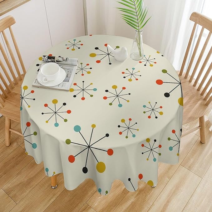 Medieval Round Tablecloth, Boho Mid Century Abstract Modern Retro Colors Pattern Tablecloth for Home Party Dining Room Kitchen Decor 50Inch(127cm)