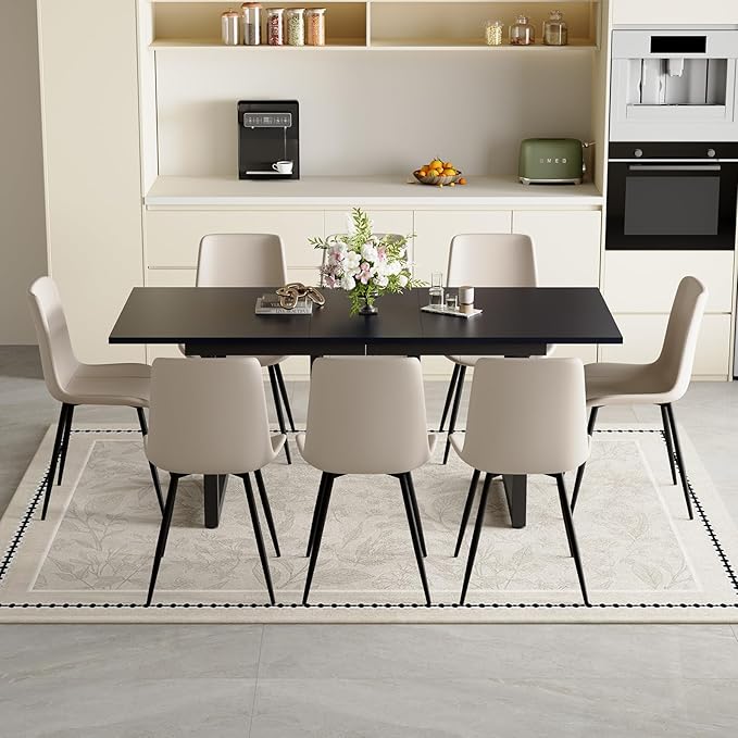 Extendable Dining Table Set for 8, 55"–71" Modern Black Kitchen Table with 8 Upholstered Chairs, Space-Saving for Living Room Apartment, Sturdy & Comfortable, Easy Assembly