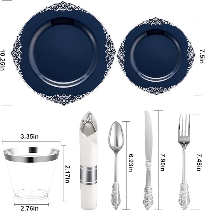 700PCS Navy Blue Plates for 100 Guests, Disposable Dinnerware Sets Include 100 Plastic Plates, 100 Silverwares, 100 Cups, and 100 Pre Rolled Napkins for Party, Wedding and Graduation