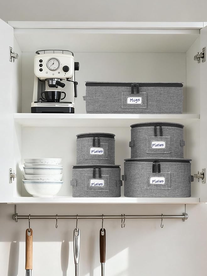 punemi China Storage Containers 5-Piece Set w/Hard Shell Sides & Bottom, Quilted Stackable Plate & Dish Storage Protectors, Adjustable Mug and Cup Storage Organizer for Moving and Dinnerware storage