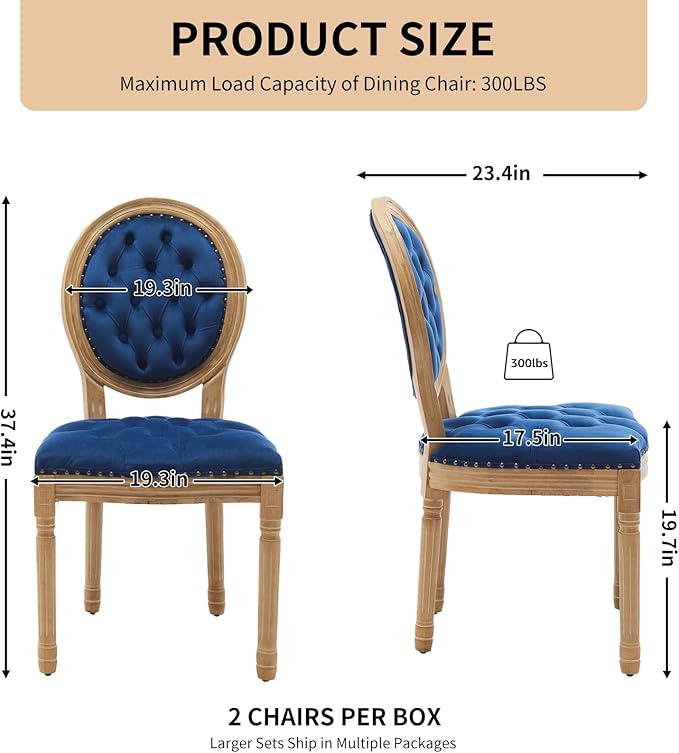 Vintage French Dining Chairs Set of 6, Round Back Velvet Upholstered Accent Chairs with Nailhead Trim and Solid Wood Frame, Elegant Sillas de Comedor for Dining Room & Kitchen, Blue