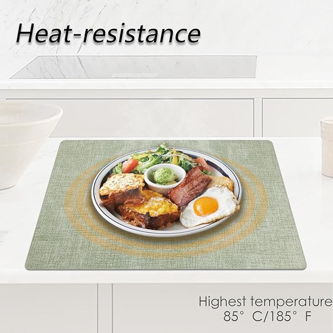 Placemats Set of 6 Faux Leather Heat Resistant Tables Mats Waterproof Oilproof Wipeable Reversible Anti-Slip Place Mats for Kitchen/Dining/Party/Outdoor 11.8" x 16.9", Light Green