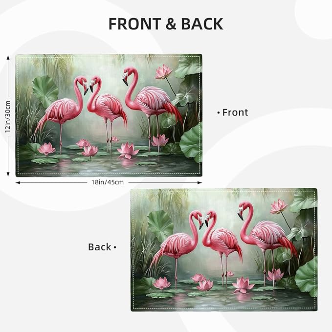 Flamingo Placemats Set of 4, Flamingo Tropical Flowers Place Mats, Wildlife Waterproof Washable Table Mats for Home Party Indoor Kitchen Dining Table Decoration 12x18 Inch