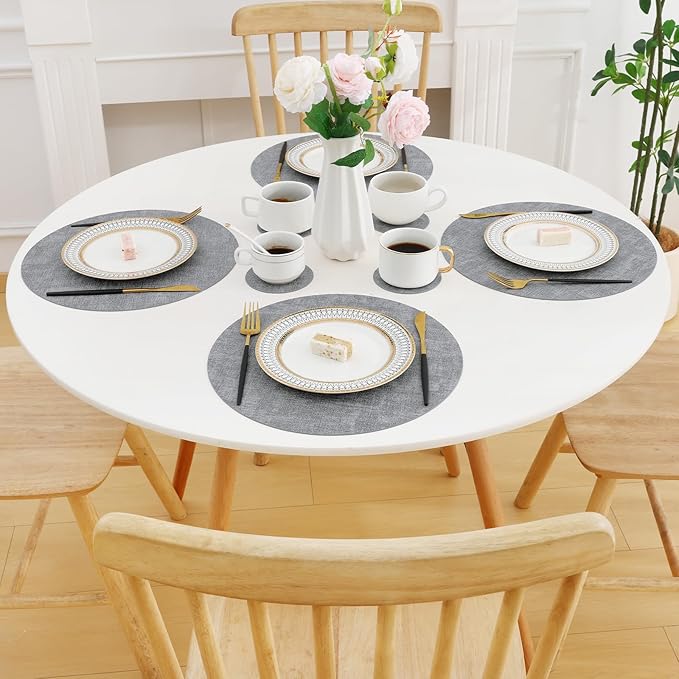 Homaxy Round Faux Leather Placemats and Coasters, Washable Dual-Side Table Mats, Wipeable Heat-Resistant Dining Place Mats for Outdoor and Indoor, Set of 8, Diameter 13 and 3.93 inch, Light Grey