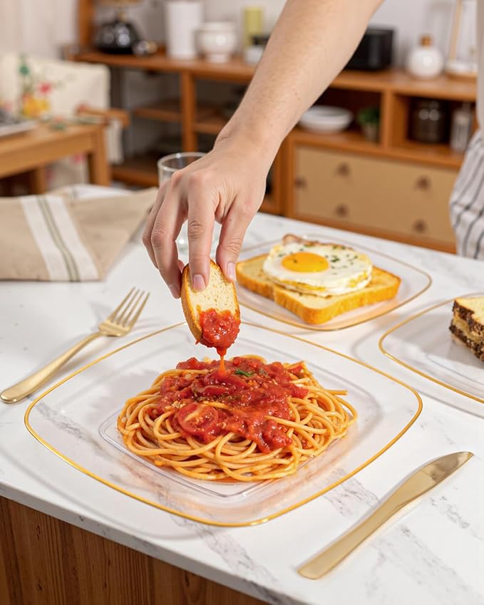 bUCLA 100PCS Clear and Gold Plastic Plates Disposable - Square Gold Heavy Duty - Include 50 Each (Dinner & Dessert) Plates for Party & Thanksgiving