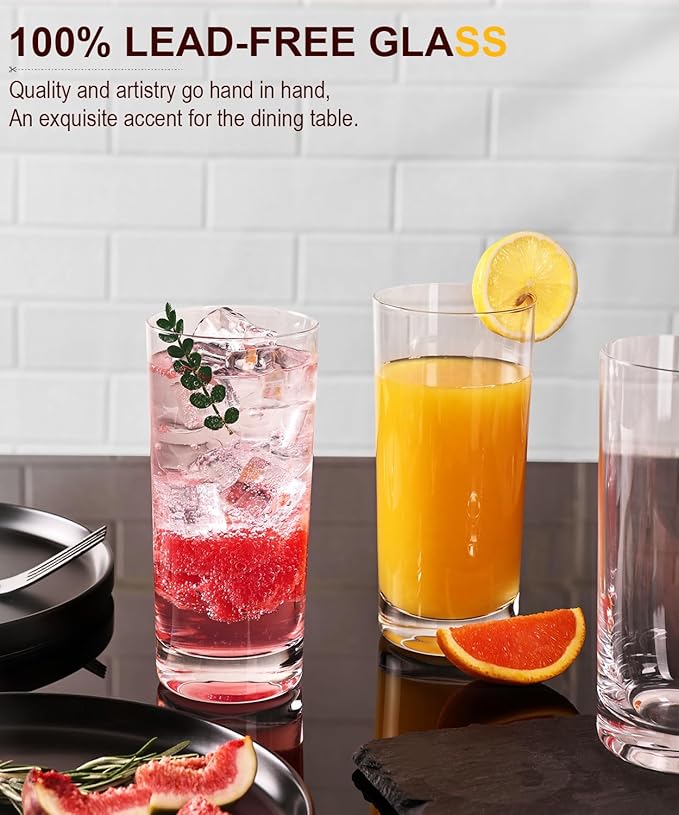 LUNA & MANTHA Drinking Highball Glasses Set of 6, Water Glasses 16 oz, Wide Mouth Design Lead-Free Crystal Glassware, Tall Glass Cups for Mojito and Tom Collins, Cocktail