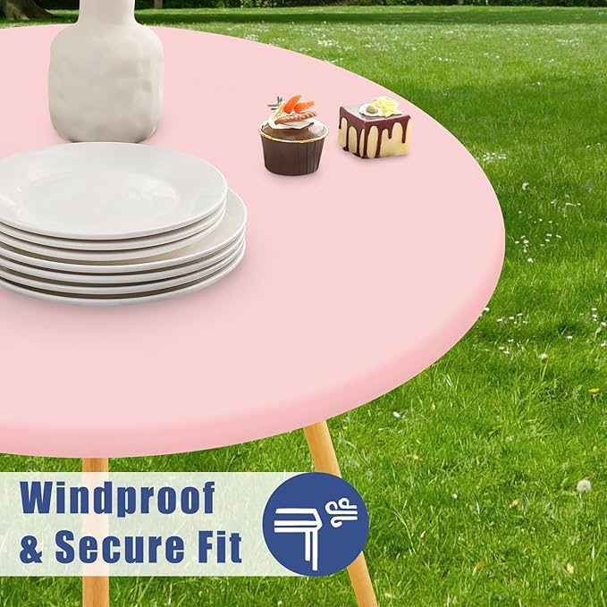 Round Spandex Tablecloth 2 Pack, Elastic Fitted Waterproof Tablecloths for 25"-30" Tables, Stretch Washable Picnic Table Cover for Camping, Dining, Indoor and Outdoor, Pink