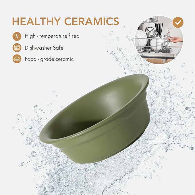 Ceramic 7.1-inch Raised Double-Bowl Set with Non-Slip Stand, 2.5 Cup Food or 24 oz Water Dishes for Medium and Dogs, Wide Opening with Rounded Edges(Olive Green)