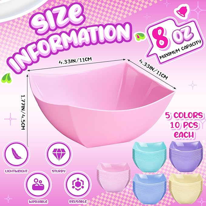 Tanlade 50 Pcs Square Plastic Serving Bowls Disposable Snack Salad Bowl Small Party Candy Bar Containers Taco Bar Serving Dishes for Buffet Chips Fruit(8 oz,Macaron Colors)
