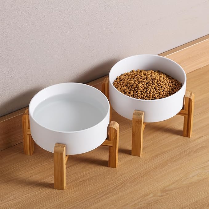 Elevated/Raised Dog Bowl Wood Stand for Medium Large Breed,Dog Food Water Dish Holder, 8 in Non Slip Porcelain Pet Bowl Stand Extra Big Height 6.29" Tall