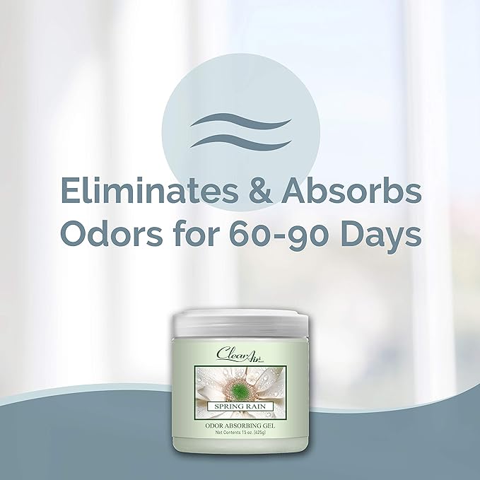 Clear Air 15oz Gel Odor Eliminator - Absorb & Remove Strong Odors from Pets, in Bathrooms, Basements, Garage, Cars, RVs & Boats - Eliminate Tough Odors with Essential Oils (Spring Rain, 2-Pack)