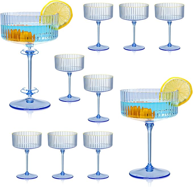 XUWAIDSGN 12 Pcs Champagne Martini Glasses 9 Oz with Gilded Removable Gold Rim Coupe Glasses Pink Martini Glasses Plastic Mimosa Vintage Coupe Glasses Set For Wedding Anniversary (12, Clear Blue)