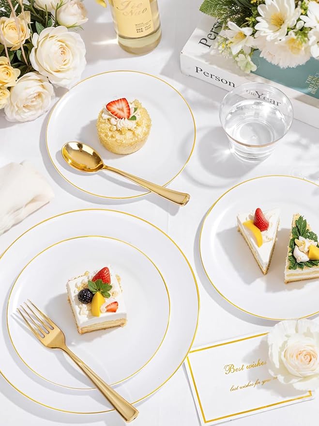 WDF 300PCS White and Gold Plates - Wedding Plastic Dinnerware Set for 50 Guests Include 50 Dinner & 50 Cake Plates, 50 Cutlery, 50 Cups for Wedding Birthday Valentine's Day