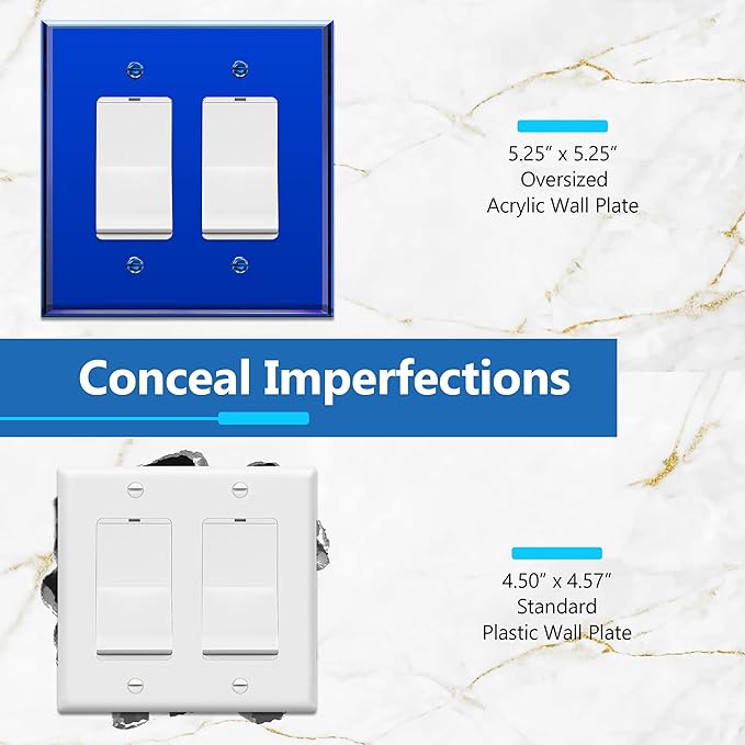 LIDER Double Decorator Wall Plate, Impact Resistant, Mirrored, Plexiglass Dual Outlet Cover or Light Switch Cover, Acrylic, Reflective Finish, Modern, Oversized 2-Gang 5.25" x 5.25", Blue