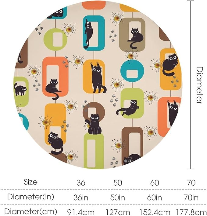 Bohemian Black Cat Round Tablecloth, Rustic Vintage Mid Century Geometric Tablecloth for Home Party Dining Room Kitchen Decor 70Inch(178cm)