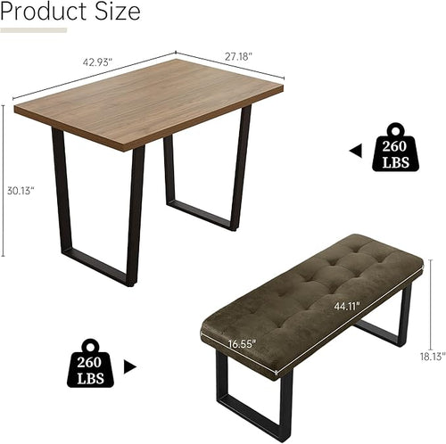 3-Piece Corner Dining Table Set with Bench, 70 Inch Space-Saving Breakfast Nook for Kitchen & Dining Room(Walnut Table & L-Seat Brown Bench)