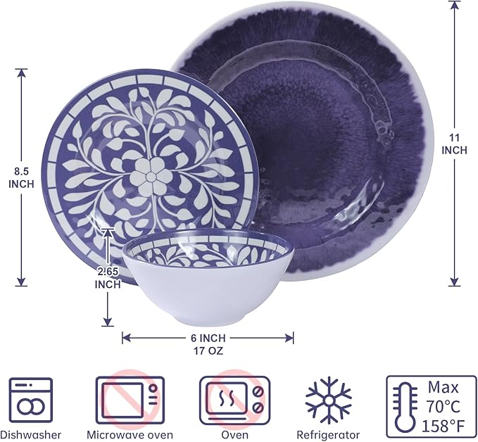 Melamine Dinnerware Set, 12 Pieces Plates and Bowls Set, Unbreakable Dish Set,Lightweight,Camping,Dishwasher Safe,Service for 4, Blue-purple