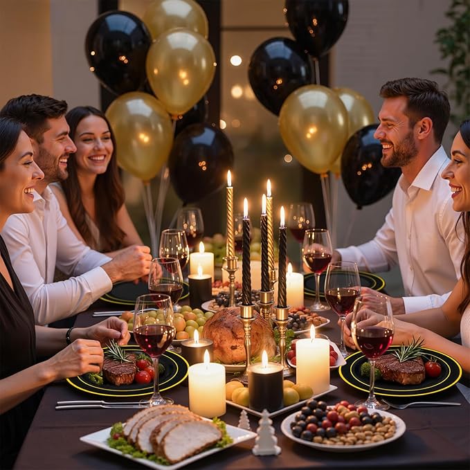 WDF 150PCS Black Plastic Plates - Black and Gold Plates Disposable - 25guest Disposable Dinnerware Sets for Party/Wedding/Halloween/New Year