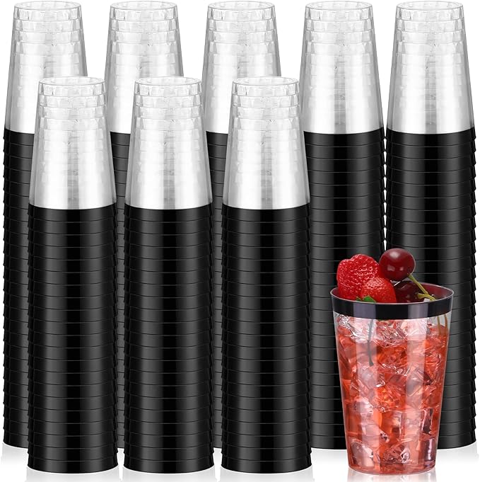 Patelai 100 Pcs Black Plastic Cups 12 oz Black Rimmed Plastic Cups Heavy Duty Disposable Wine Glasses Clear Cocktail Glasses Drinking Tumblers for Party Wedding Christmas Birthday