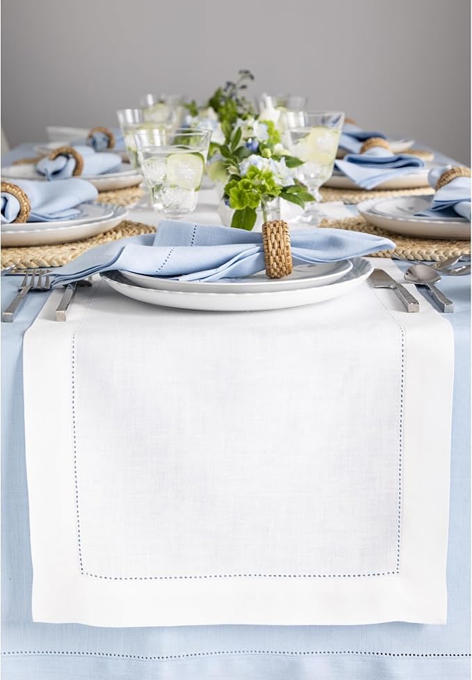 Solino Home Linen White Table Runner 60 Inches - Classic Hemstitch, 100% Pure Linen Coffee Table Runner 14 x 60 Inch Ideal for Dresser Tables - Valentines, Spring, Easter