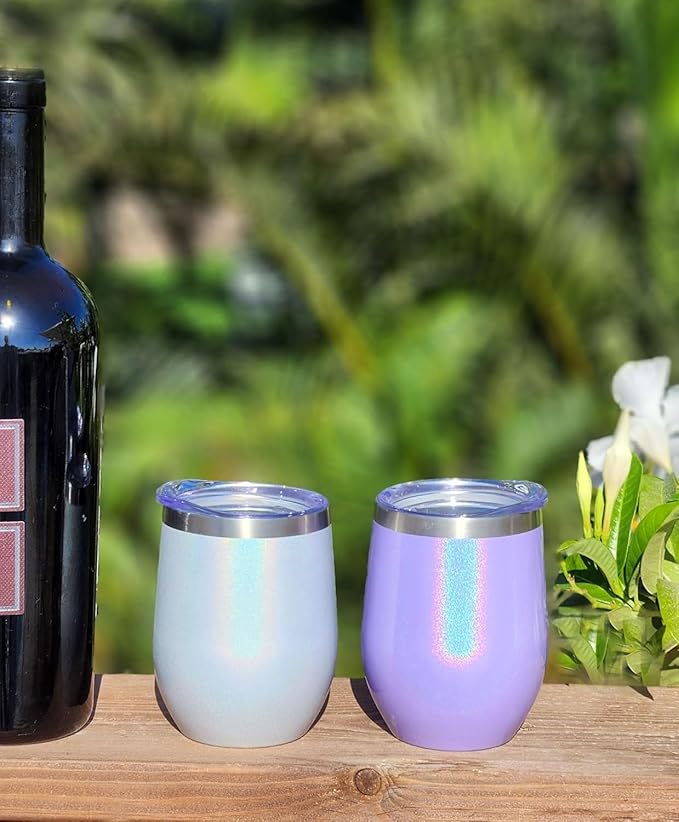 CHILLOUT LIFE 12 oz Stainless Steel Wine Tumblers 2 Pack - Double Wall Vacuum Insulated Wine Glasses Cups with Lids and Straws Set Keeping Cold & Hot for Coffee, Beer, Ice Cream - Holographic Glitter