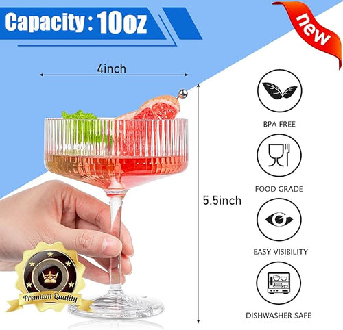 20Pcs Acrylic Martini Glasses, 10oz Shatterproof Plastic Champagne Tower, Unbreakable Ribbed Coupe Glasses, Art Deco Stem Cocktail Glassware Set, Manhattan Goblet for Wedding Birthday Party